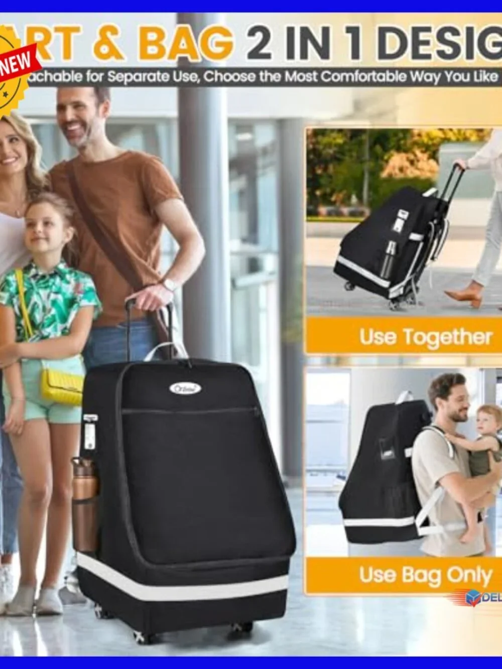 Folding Car Seat Travel Bag & Cart with 4 Wheels, Padded Gate Check Bag